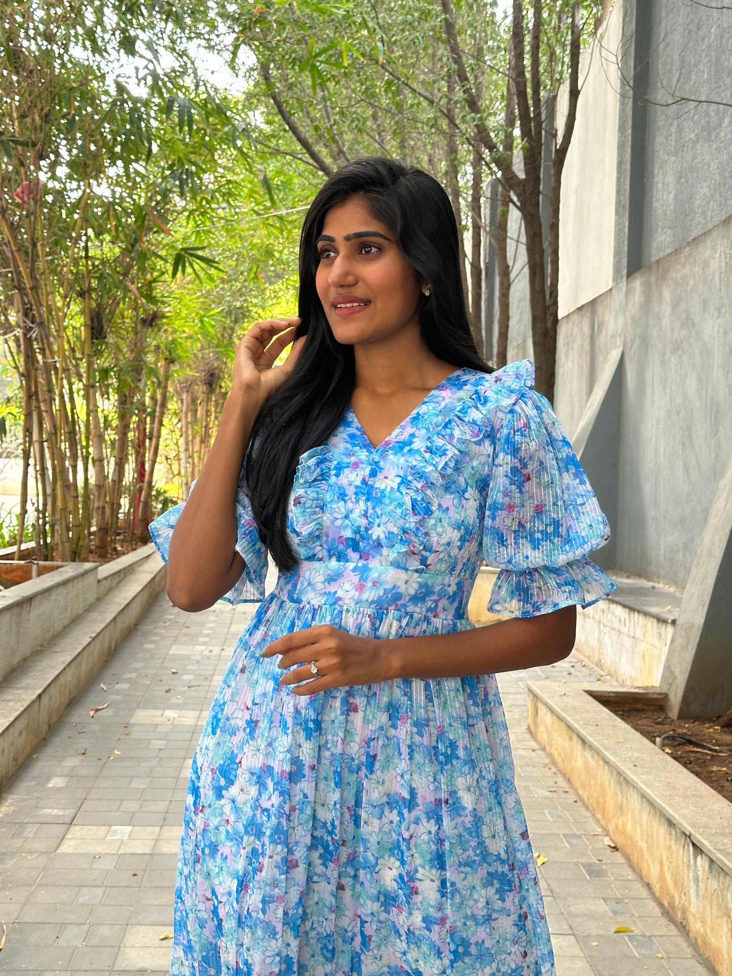 Sky Blue Floral Print Frock