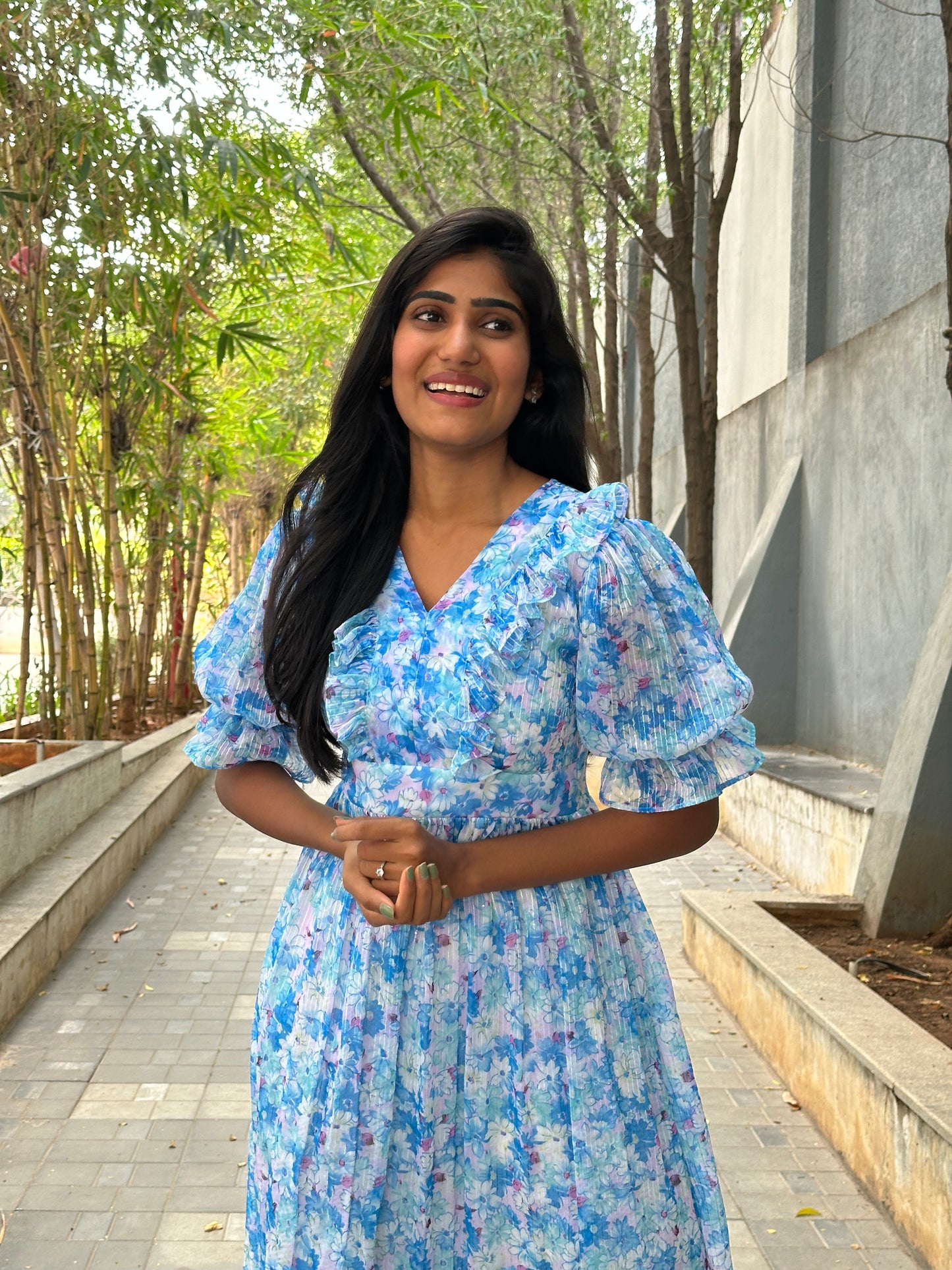 Sky Blue Floral Print Frock