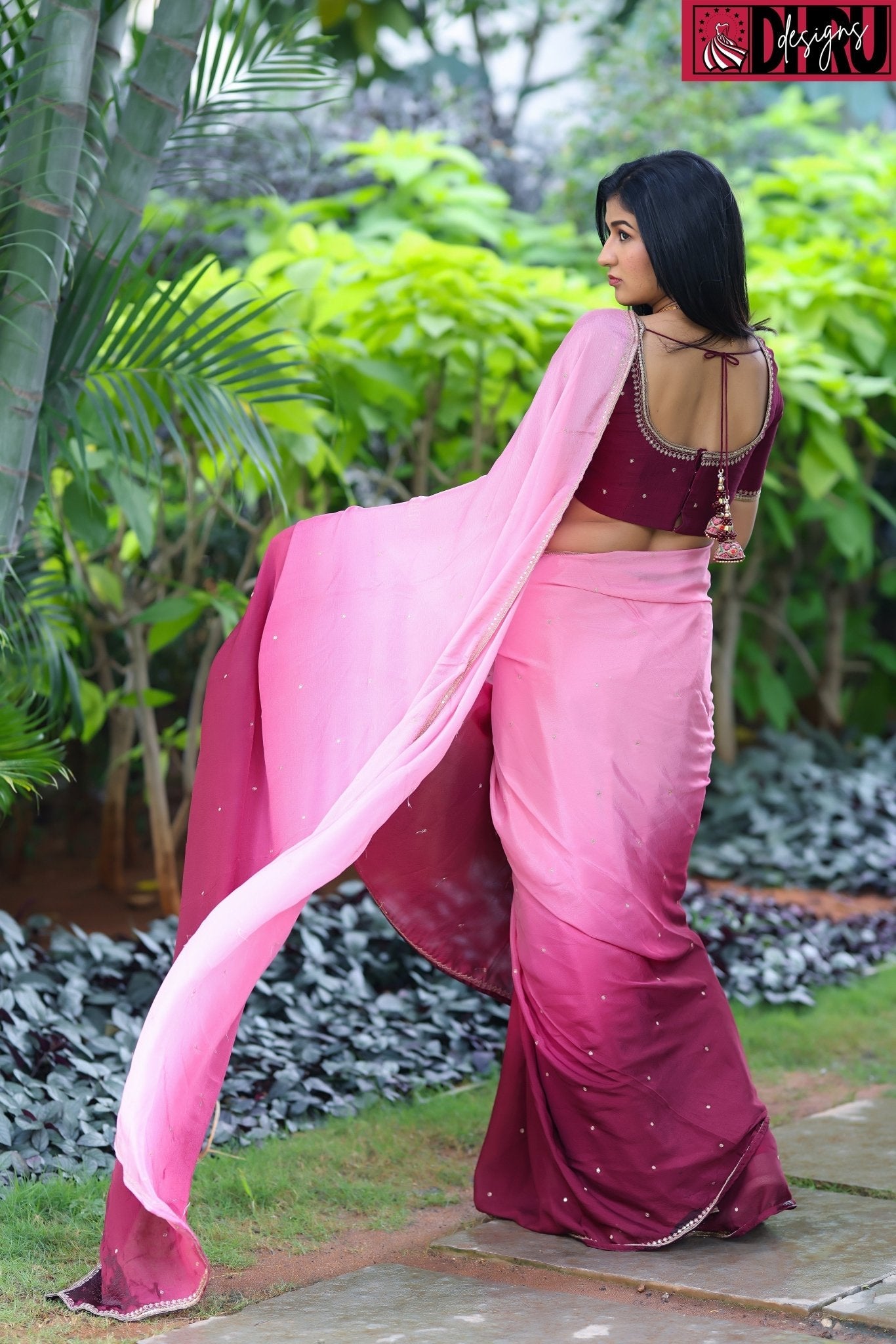Blend of maroon and pink shades in an ombré saree - Dhru Boutique and Fabrics