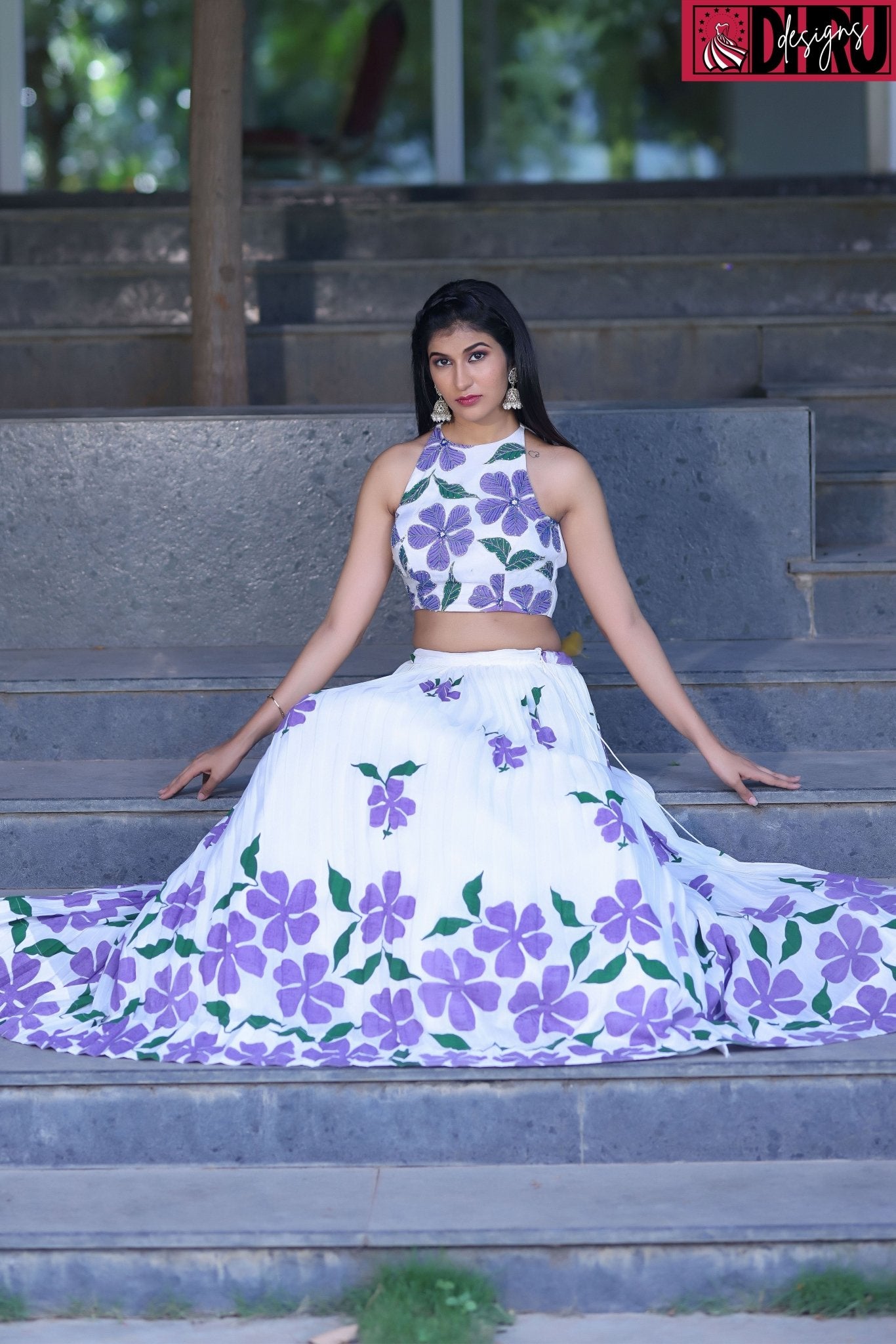 Embroidered Hand Block Printed Floral Lehenga Set In Silk - Dhru Boutique and Fabrics