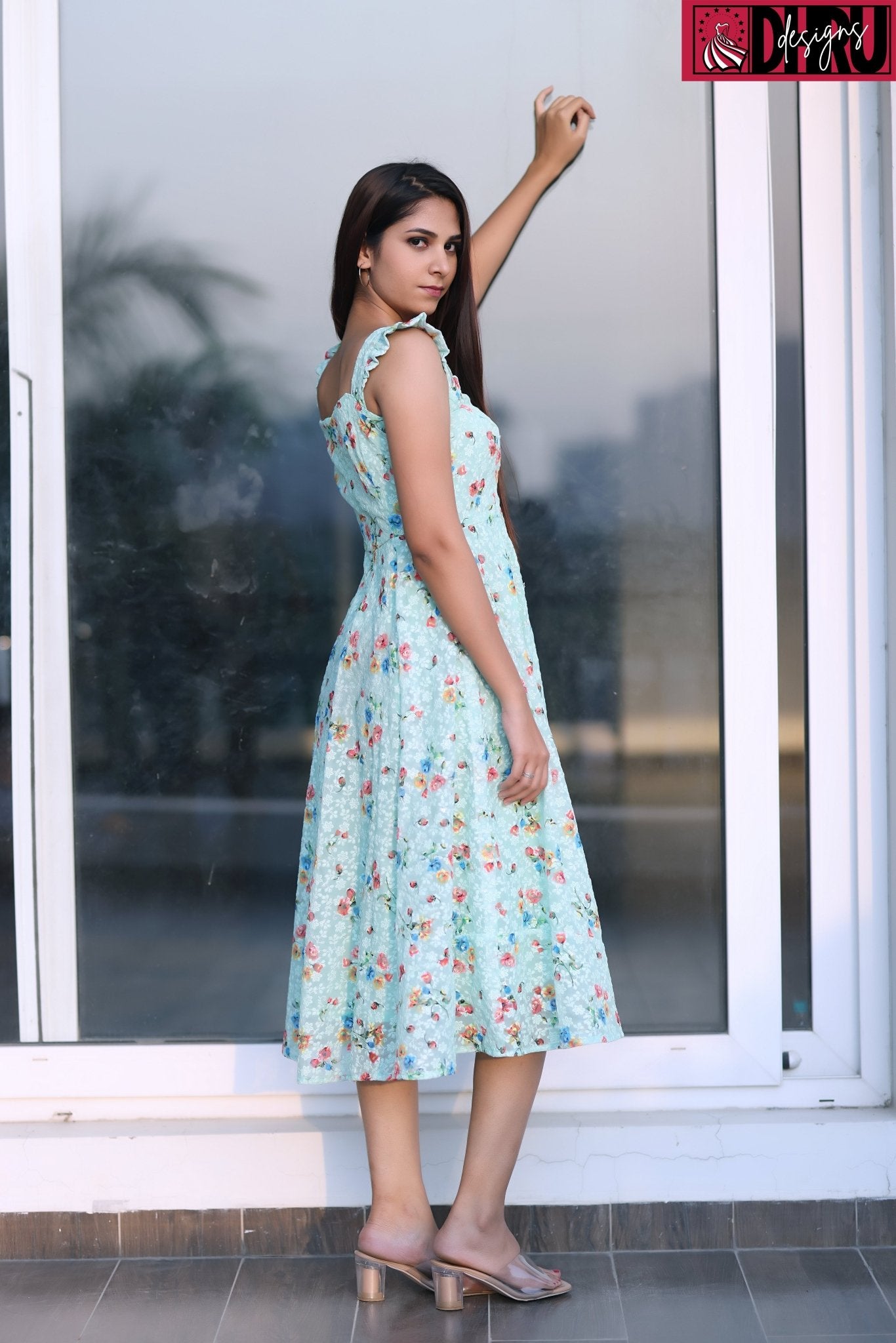 Georgette Chickankari Turquoise Floral Print Frock - Dhru Boutique and Fabrics