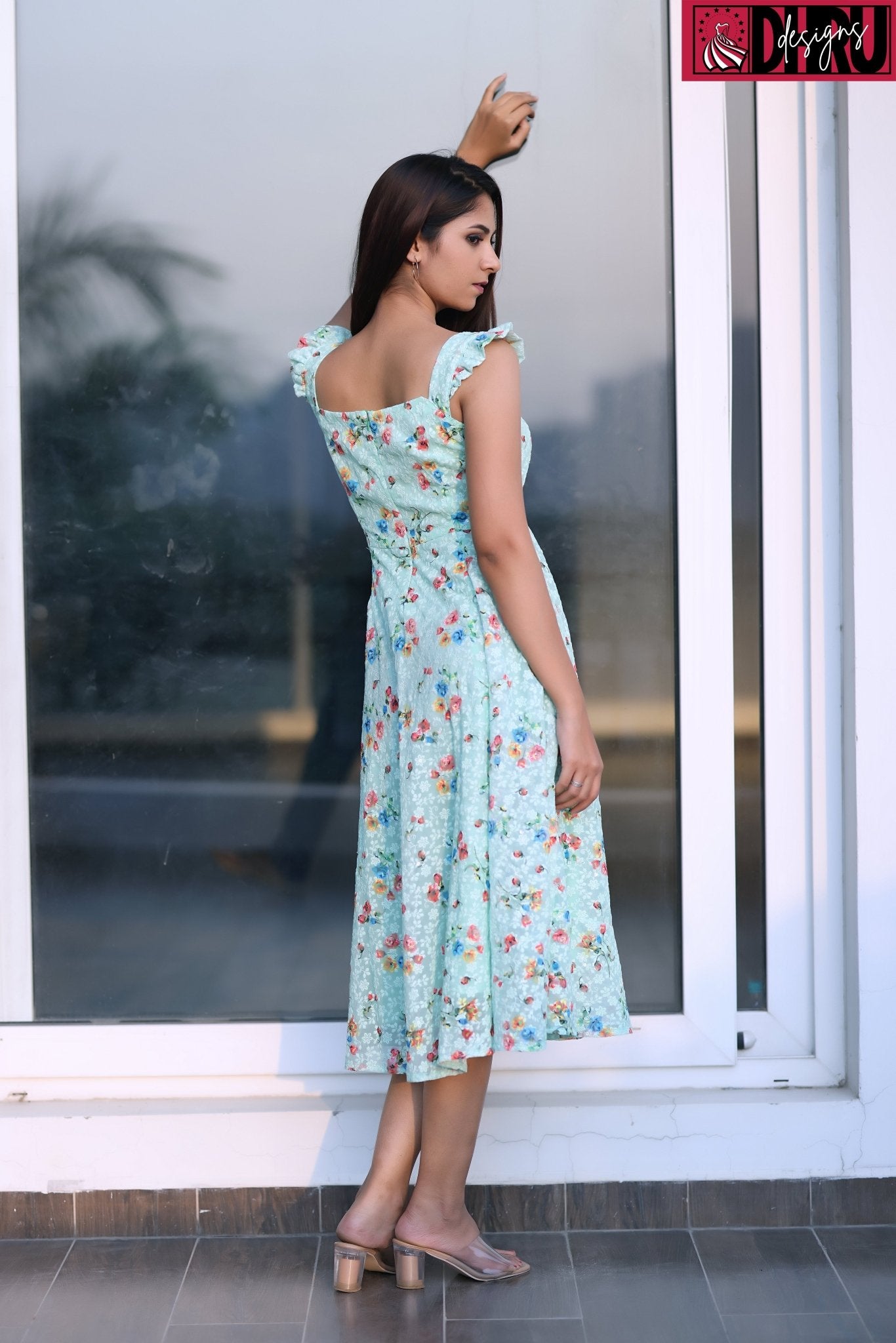 Georgette Chickankari Turquoise Floral Print Frock - Dhru Boutique and Fabrics