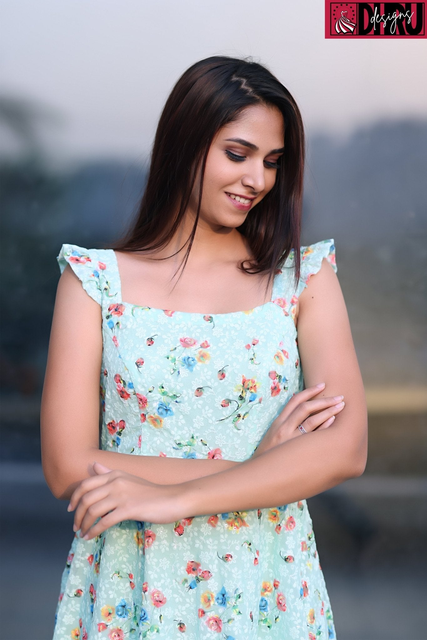 Georgette Chickankari Turquoise Floral Print Frock - Dhru Boutique and Fabrics