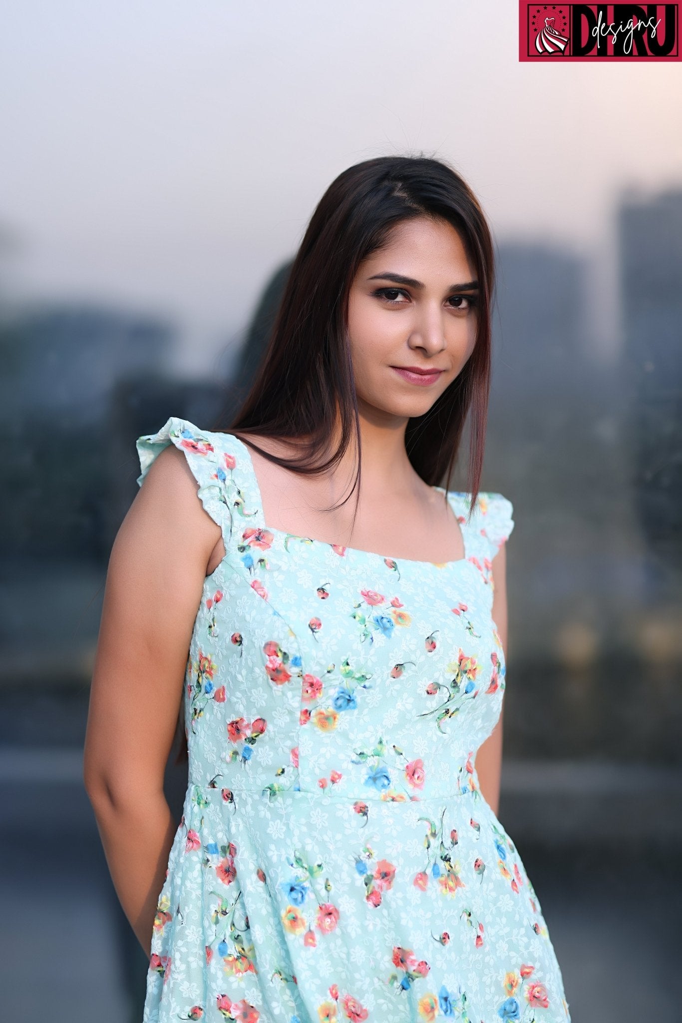 Georgette Chickankari Turquoise Floral Print Frock - Dhru Boutique and Fabrics