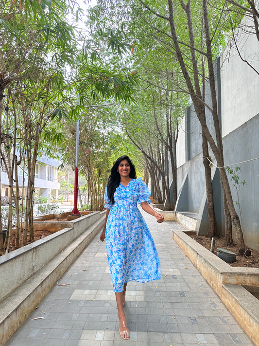 Sky Blue Floral Print Frock