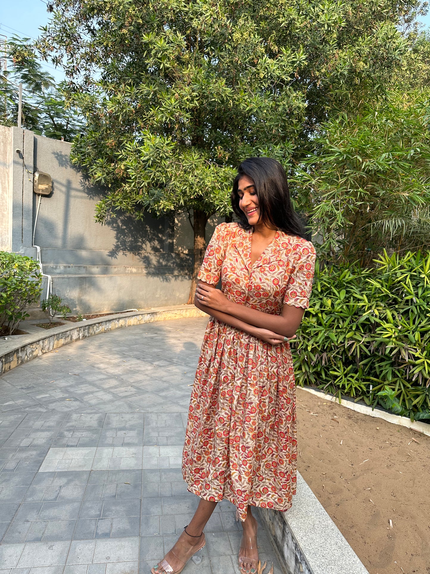 Beige Floral Cotton Frock