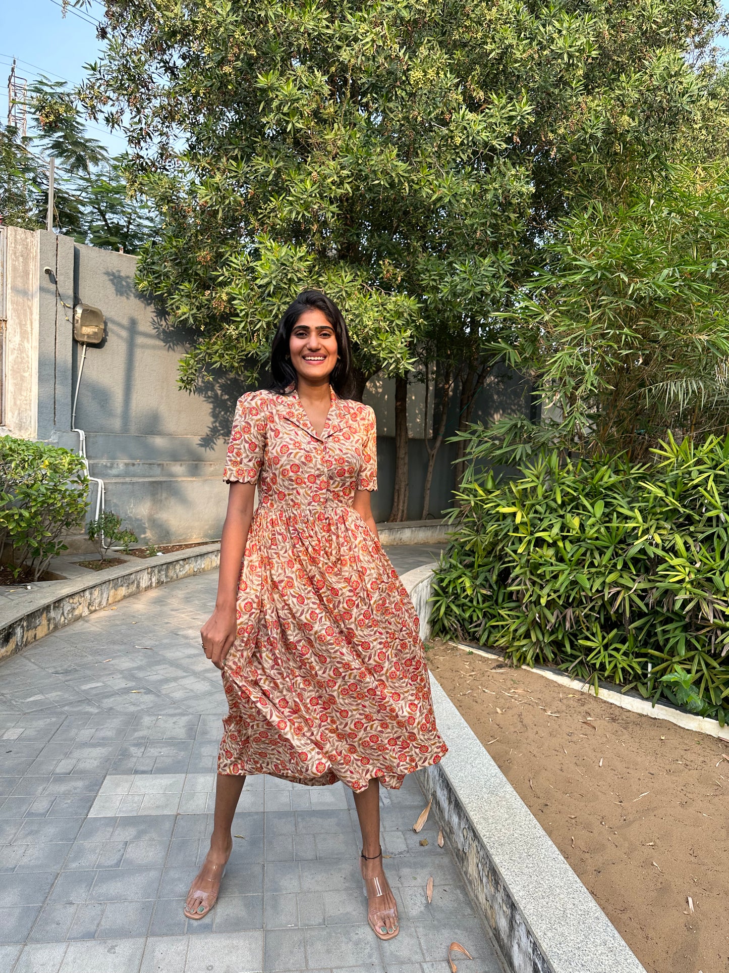 Beige Floral Cotton Frock