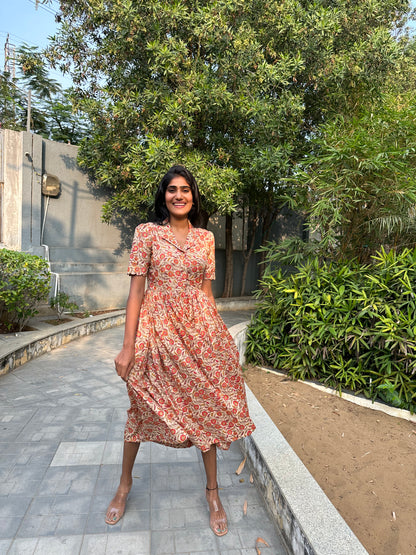 Beige Floral Cotton Frock