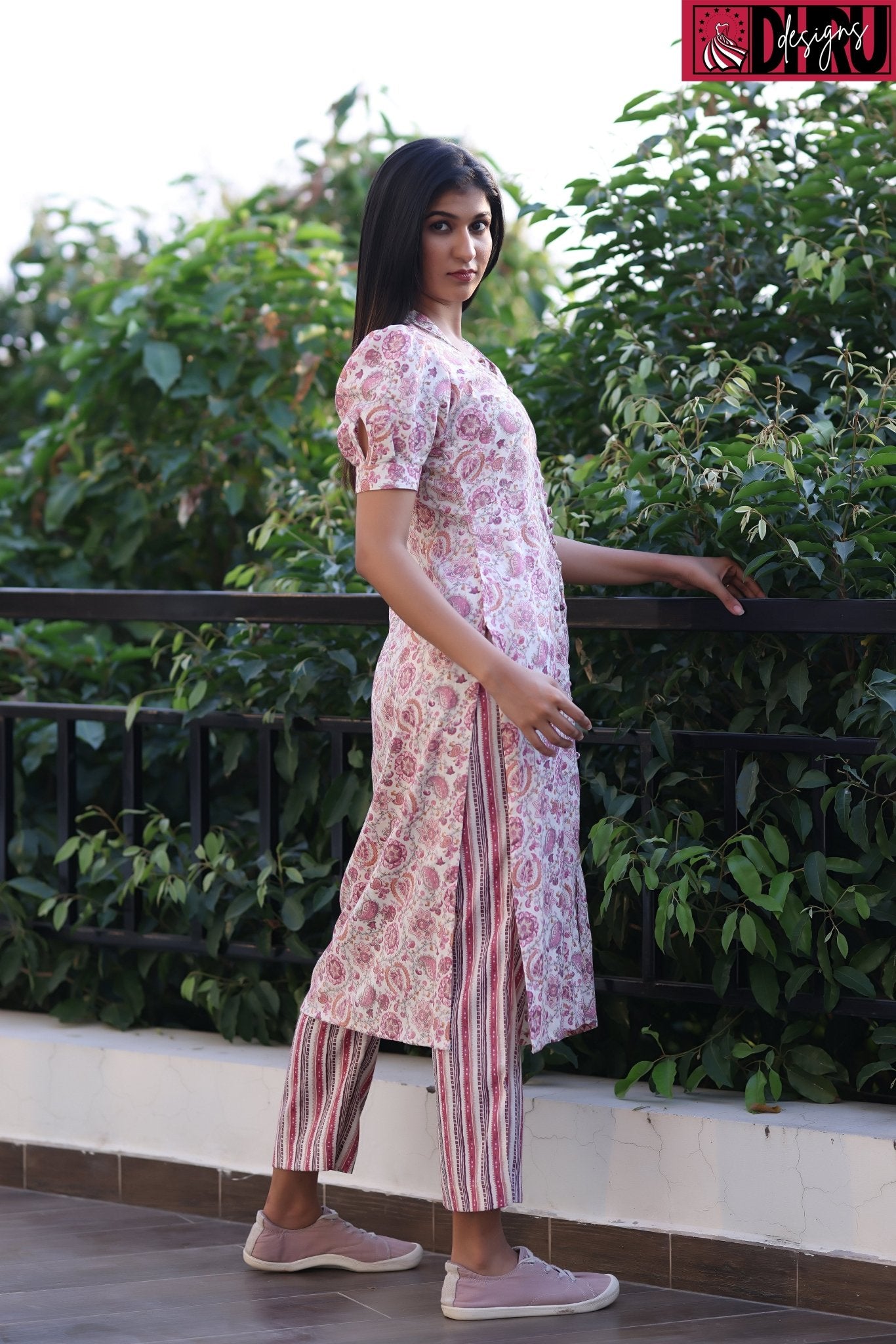 Baby Pink Rayon Printed Kurta With Puff Sleeves and Palazzo Pants - Dhru Boutique and Fabrics