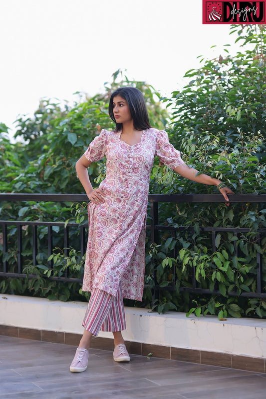 Baby Pink Rayon Printed Kurta With Puff Sleeves and Palazzo Pants - Dhru Boutique and Fabrics