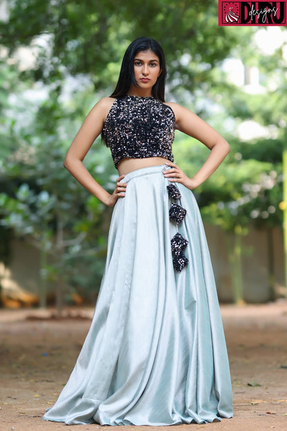 Black sequins halter neck blouse with dola silk umbrella cut flared lehenga. - Dhru Boutique and Fabrics