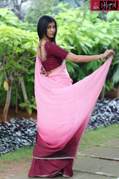 Blend of maroon and pink shades in an ombré saree - Dhru Boutique and Fabrics