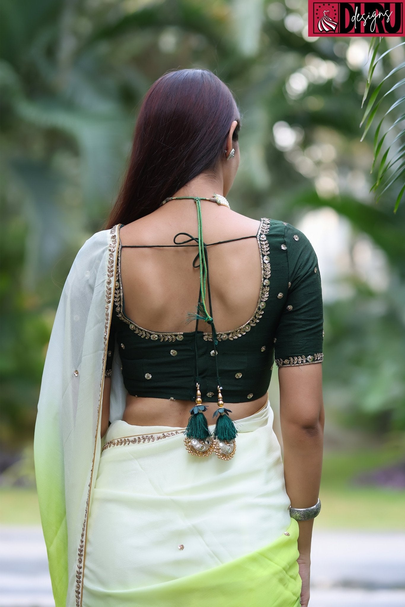 Chinnon fabric saree featuring an ombré pattern of light to dark green - Dhru Boutique and Fabrics