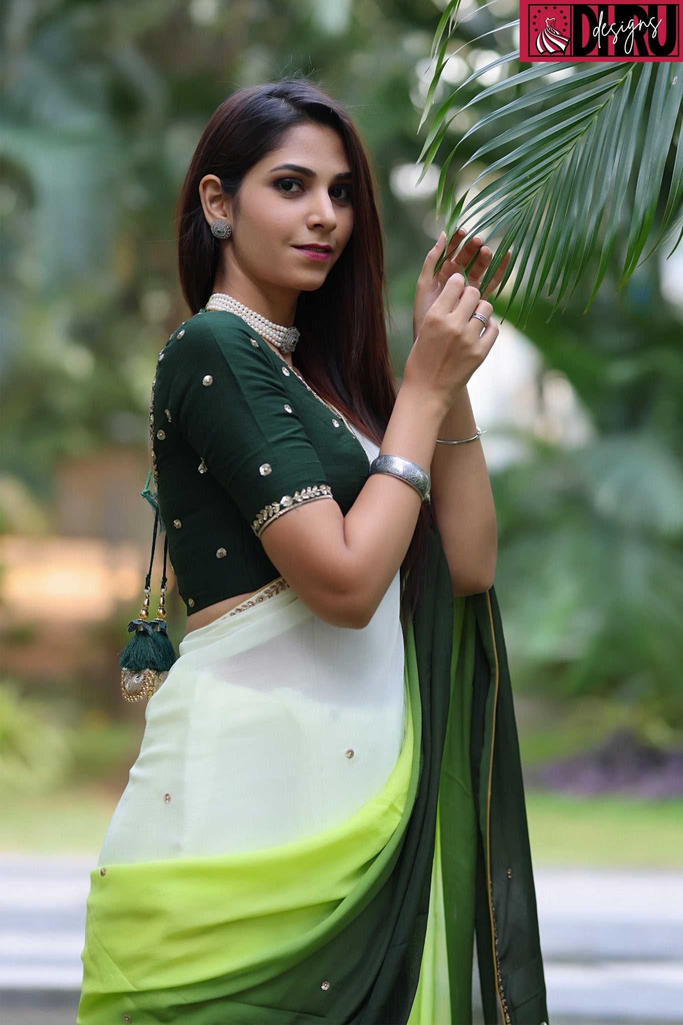 Chinnon fabric saree featuring an ombré pattern of light to dark green - Dhru Boutique and Fabrics