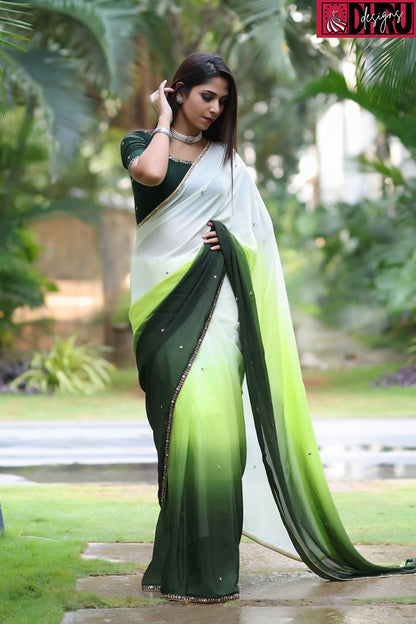 Chinnon fabric saree featuring an ombré pattern of light to dark green - Dhru Boutique and Fabrics