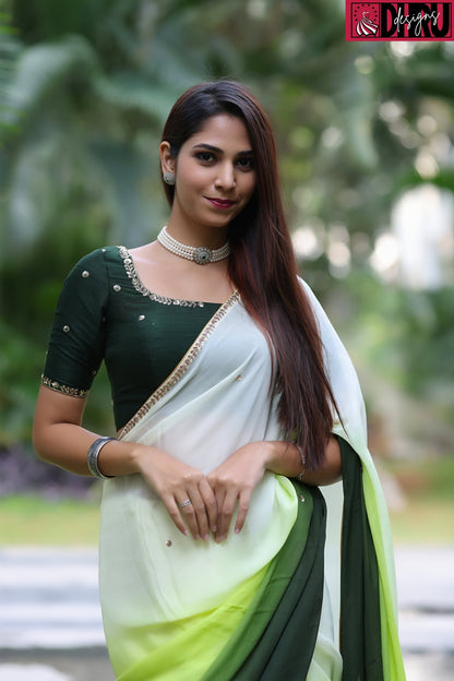 Chinnon fabric saree featuring an ombré pattern of light to dark green - Dhru Boutique and Fabrics