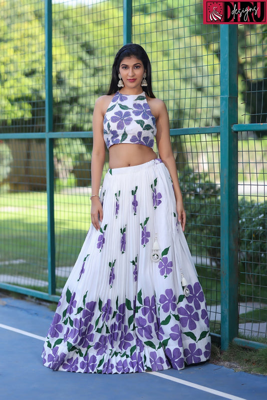 Embroidered Hand Block Printed Floral Lehenga Set In Silk - Dhru Boutique and Fabrics