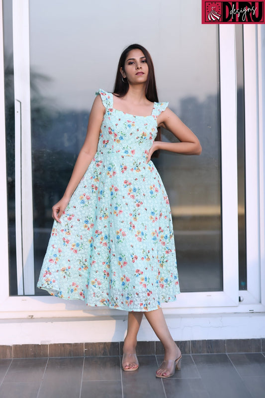 Georgette Chickankari Turquoise Floral Print Frock - Dhru Boutique and Fabrics