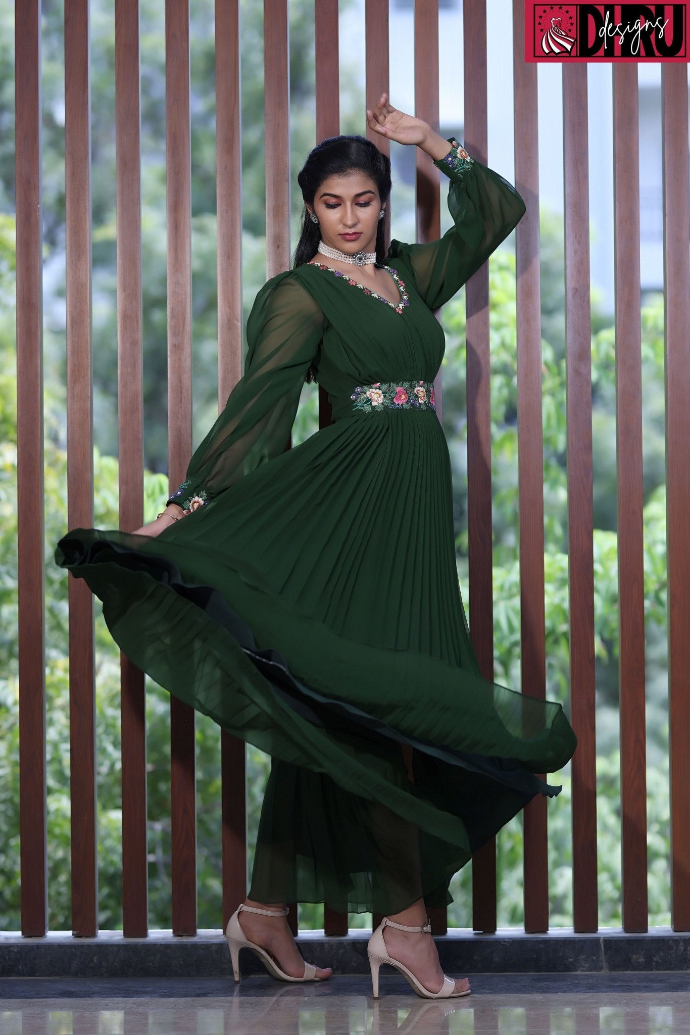 Green pleated long dress - Dhru Boutique and Fabrics