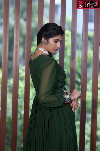 Green pleated long dress - Dhru Boutique and Fabrics