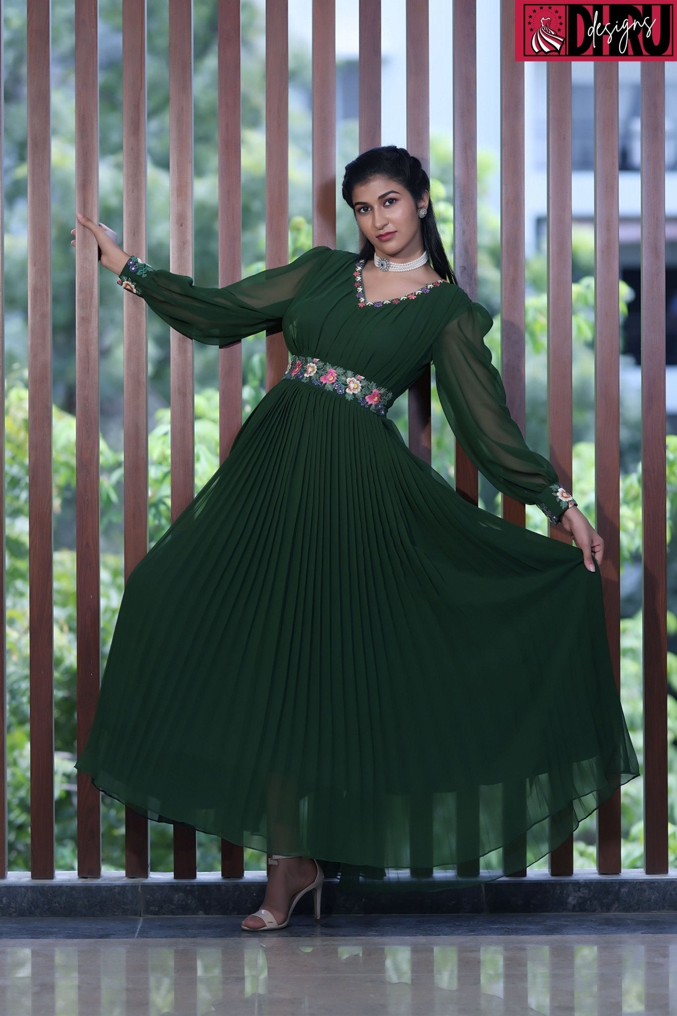 Green pleated long dress - Dhru Boutique and Fabrics