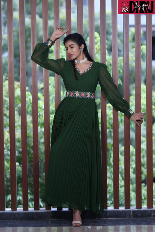 Green pleated long dress - Dhru Boutique and Fabrics