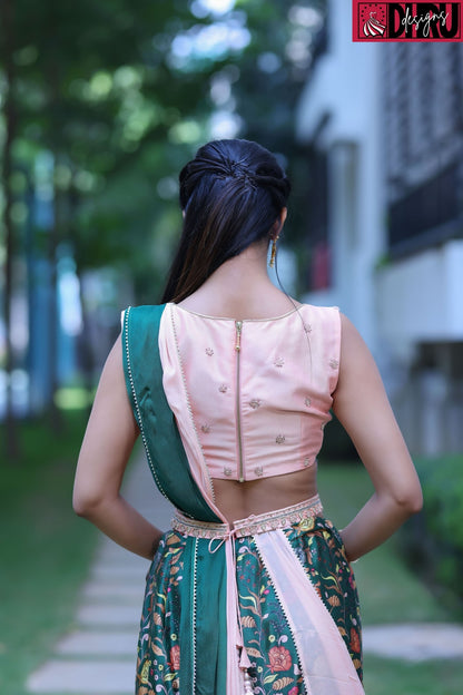 Kalamkari layered lehenga with peach maggam work blouse - Dhru Boutique and Fabrics