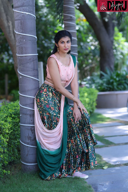 Kalamkari layered lehenga with peach maggam work blouse - Dhru Boutique and Fabrics