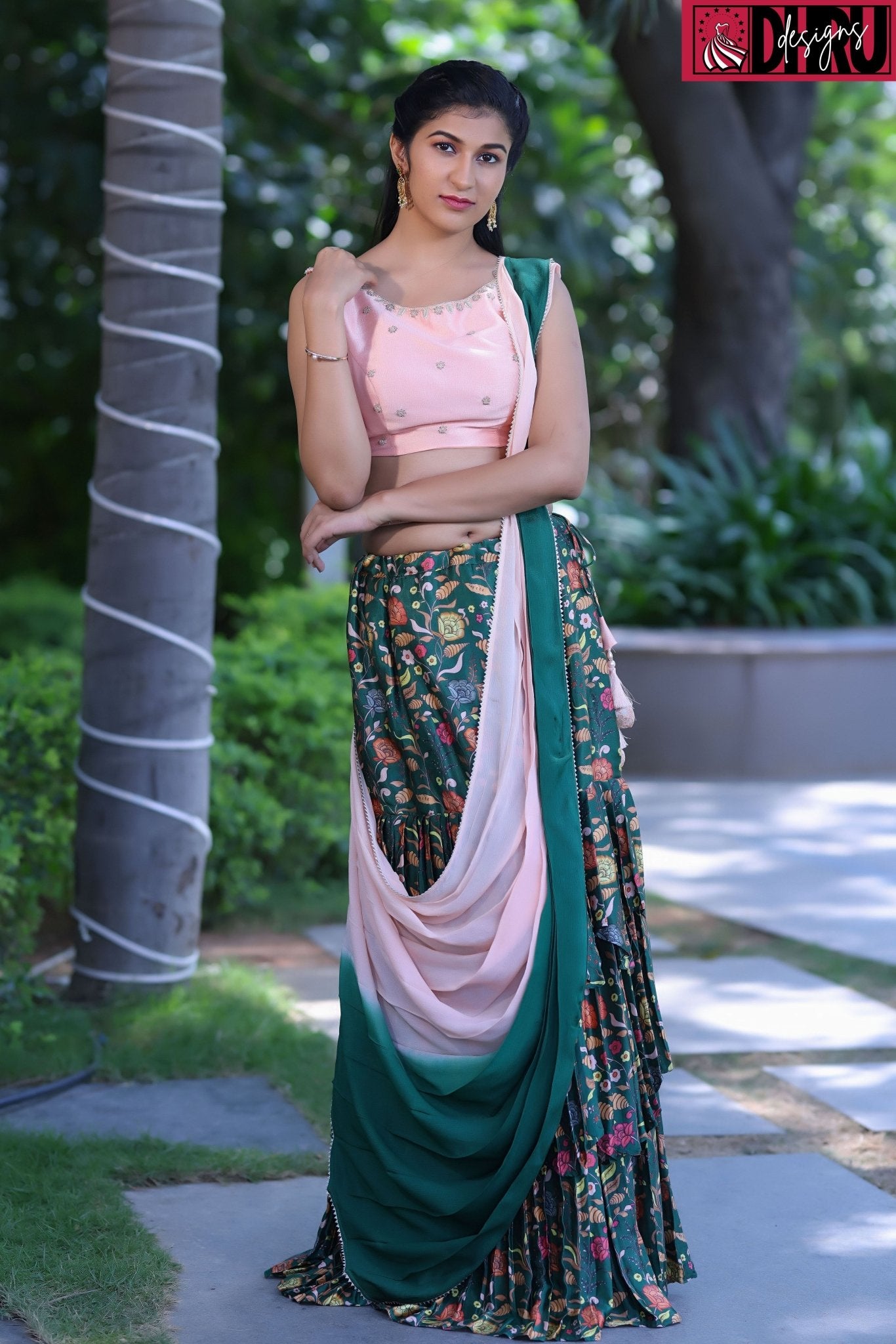 Kalamkari layered lehenga with peach maggam work blouse - Dhru Boutique and Fabrics