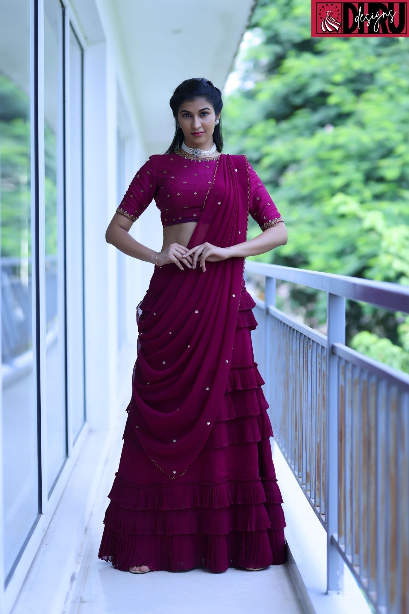 Maroon layered long skirt - Dhru Boutique and Fabrics