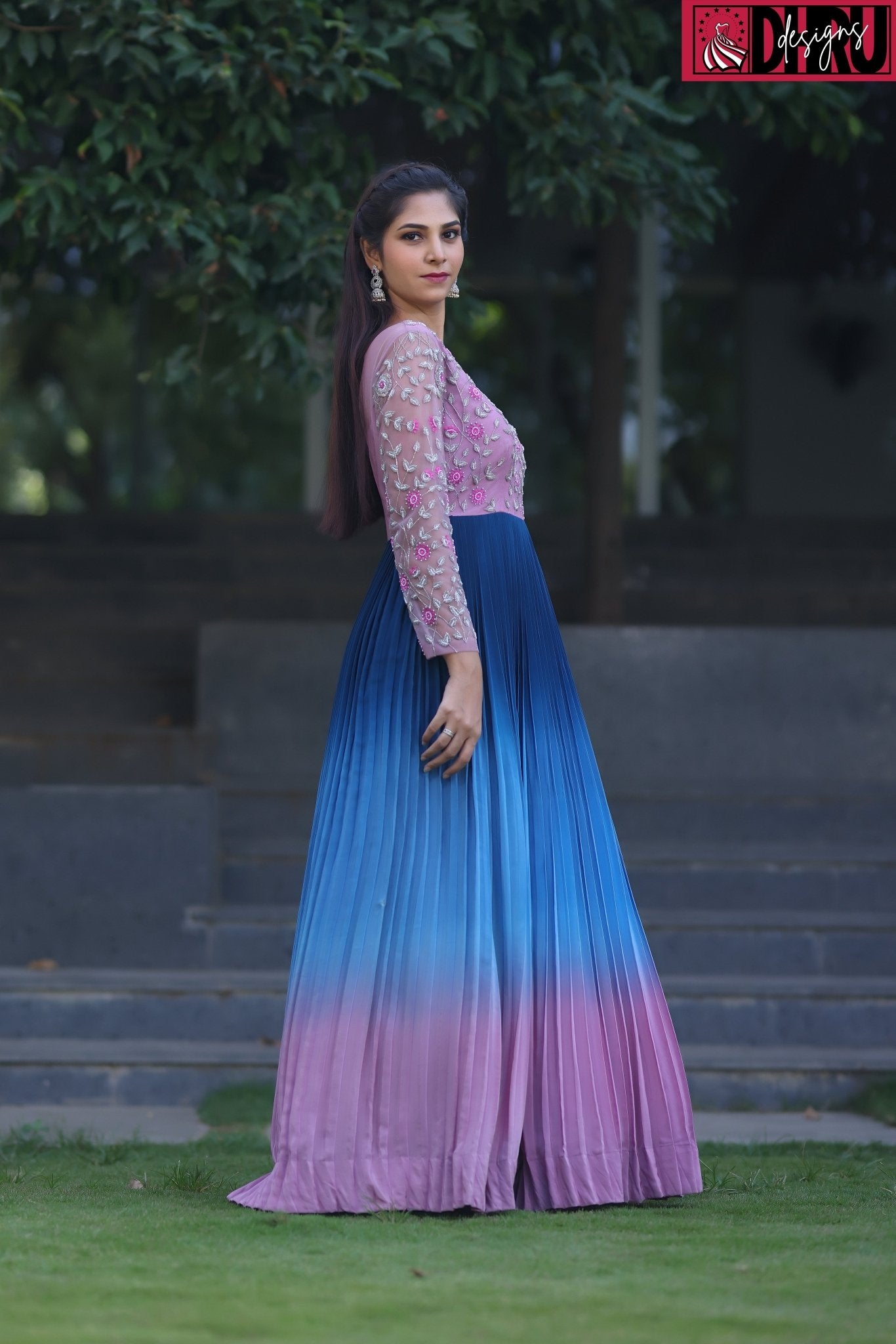 Ombre shades of blue and pink pleated long frock - Dhru Boutique and Fabrics