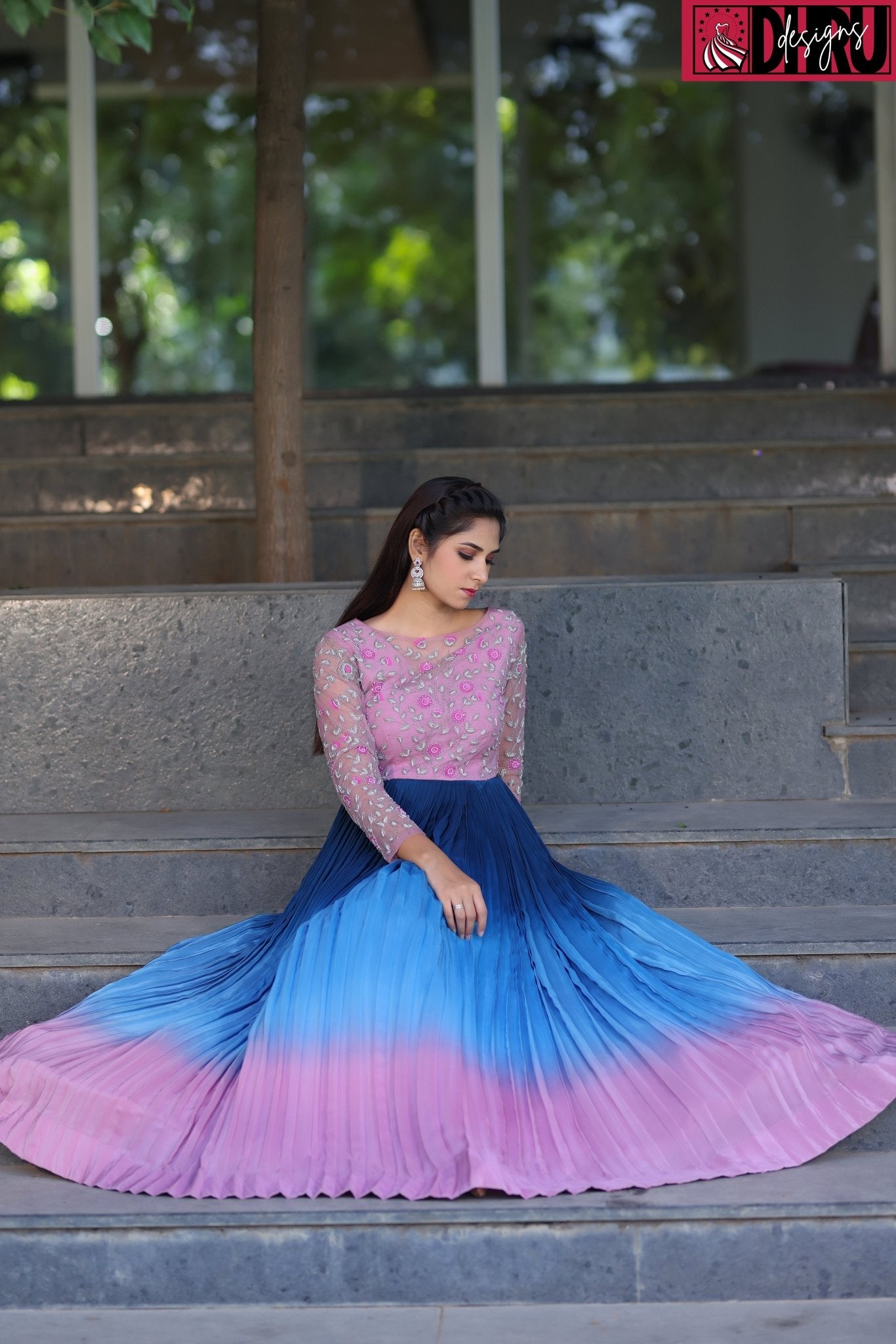 Ombre shades of blue and pink pleated long frock - Dhru Boutique and Fabrics