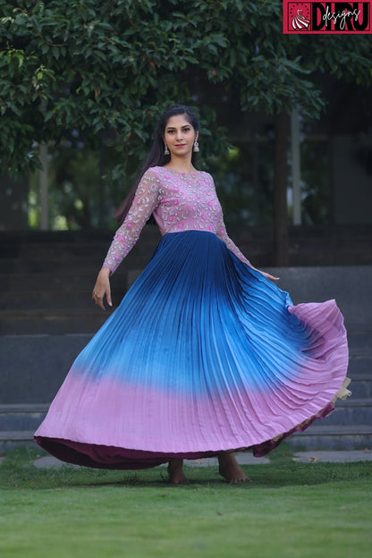 Ombre shades of blue and pink pleated long frock - Dhru Boutique and Fabrics