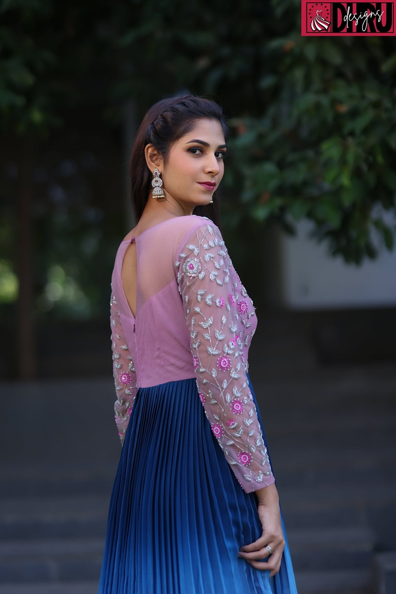 Ombre shades of blue and pink pleated long frock - Dhru Boutique and Fabrics