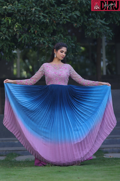 Ombre shades of blue and pink pleated long frock - Dhru Boutique and Fabrics