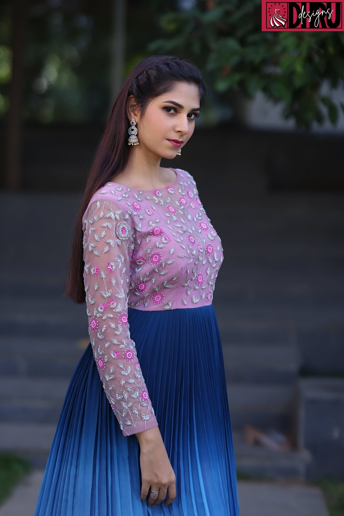 Ombre shades of blue and pink pleated long frock - Dhru Boutique and Fabrics