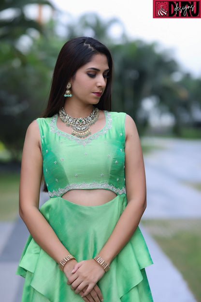 Parrot green layered long frock - Dhru Boutique and Fabrics