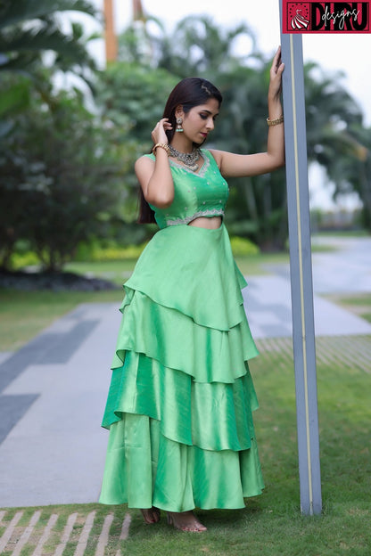 Parrot green layered long frock - Dhru Boutique and Fabrics