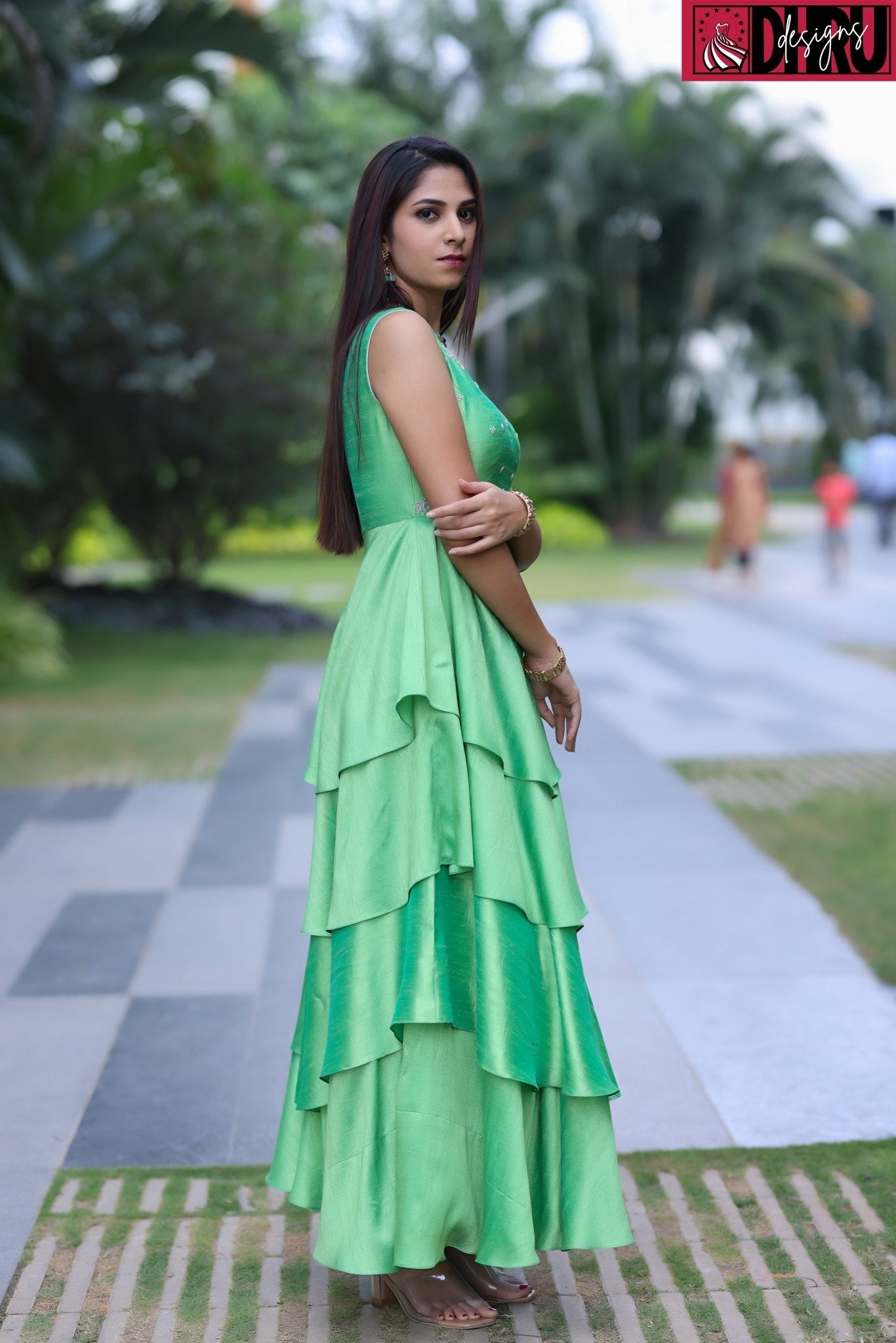 Parrot green layered long frock - Dhru Boutique and Fabrics