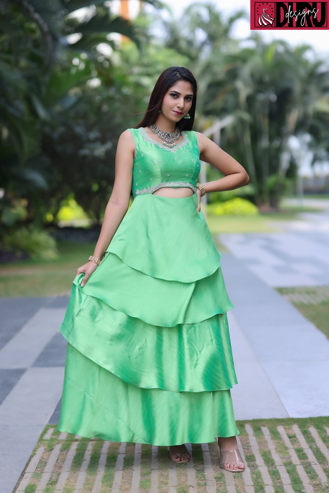 Parrot green layered long frock - Dhru Boutique and Fabrics