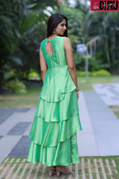 Parrot green layered long frock - Dhru Boutique and Fabrics