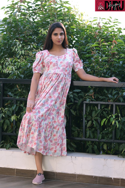 Pink printed casual frock - Dhru Boutique and Fabrics