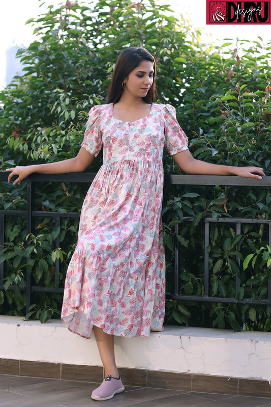 Pink printed casual frock - Dhru Boutique and Fabrics