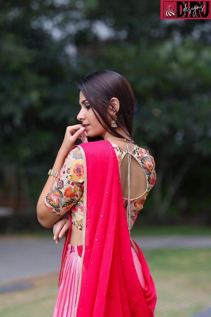 Sequence-embroidered blouse complementing an ombré pleated lehenga - Dhru Boutique and Fabrics