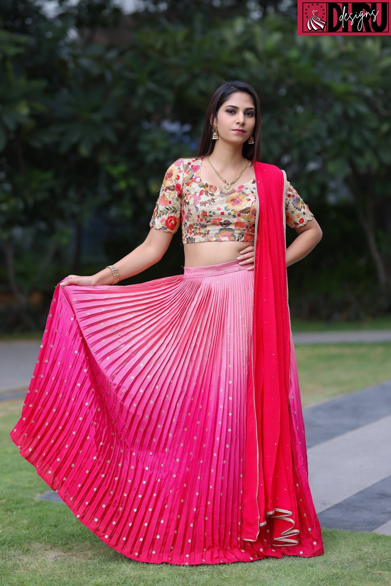 Sequence-embroidered blouse complementing an ombré pleated lehenga - Dhru Boutique and Fabrics