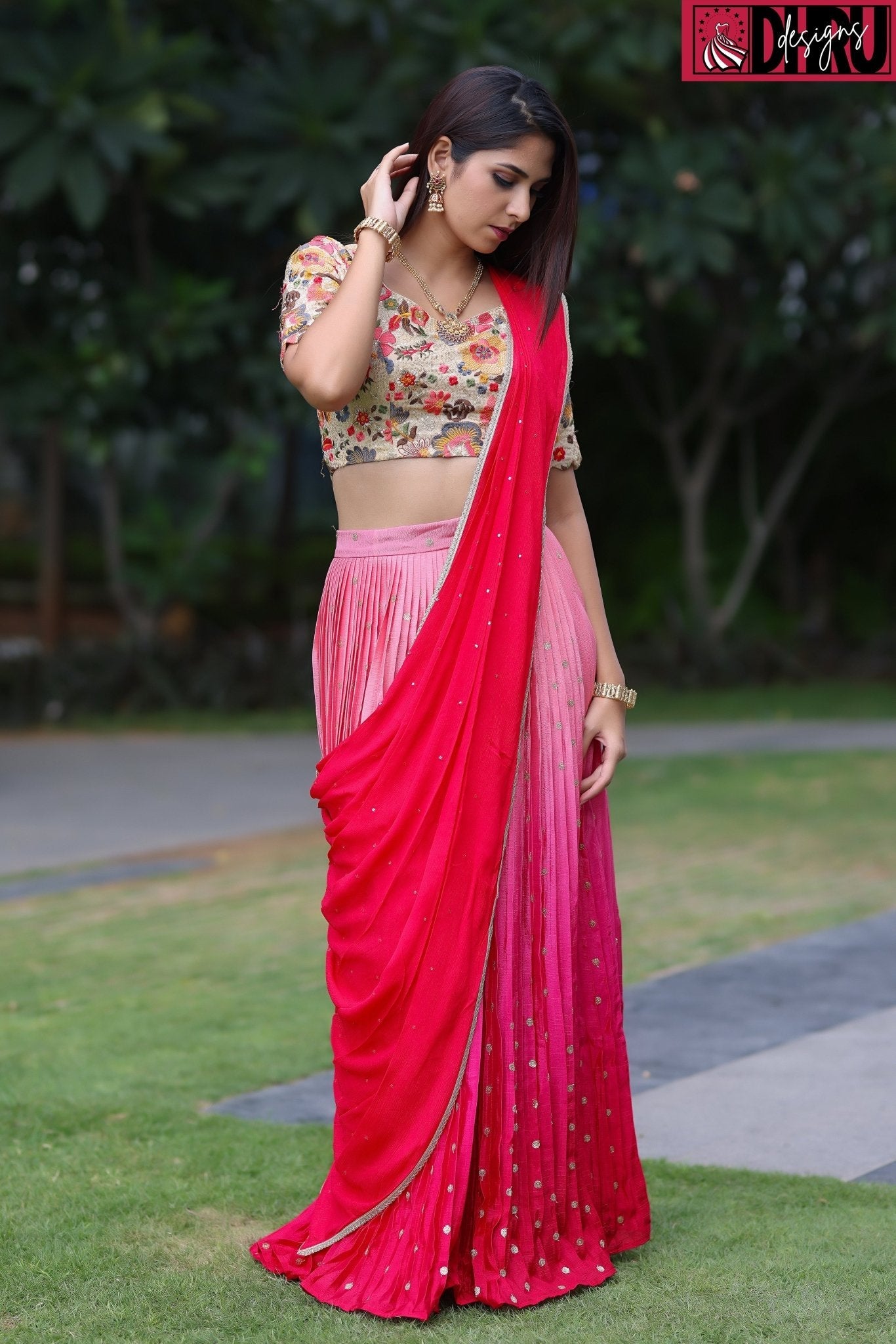 Sequence-embroidered blouse complementing an ombré pleated lehenga - Dhru Boutique and Fabrics