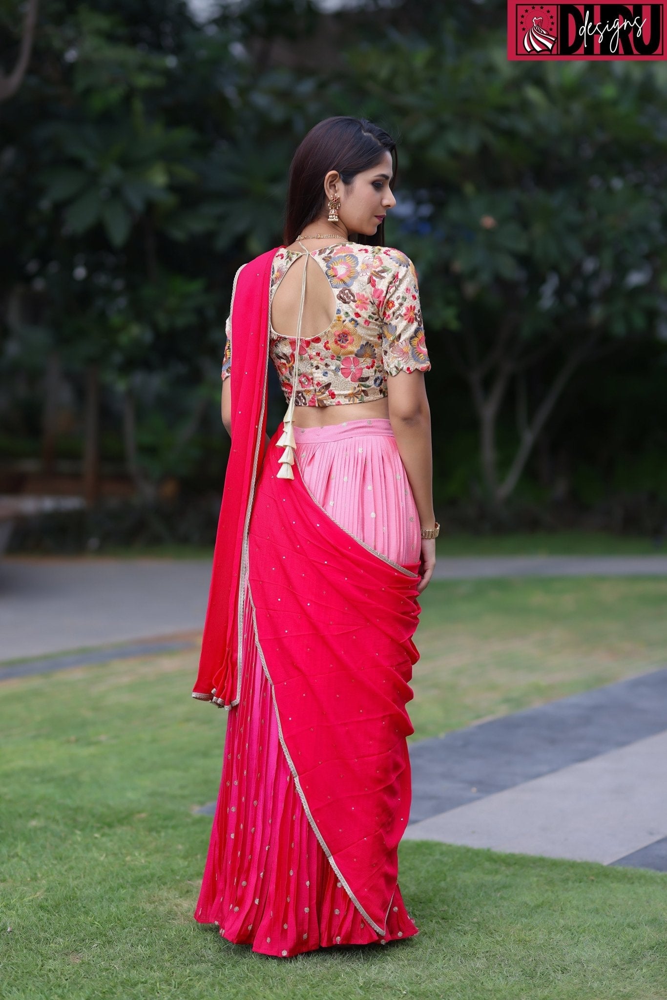 Sequence-embroidered blouse complementing an ombré pleated lehenga - Dhru Boutique and Fabrics