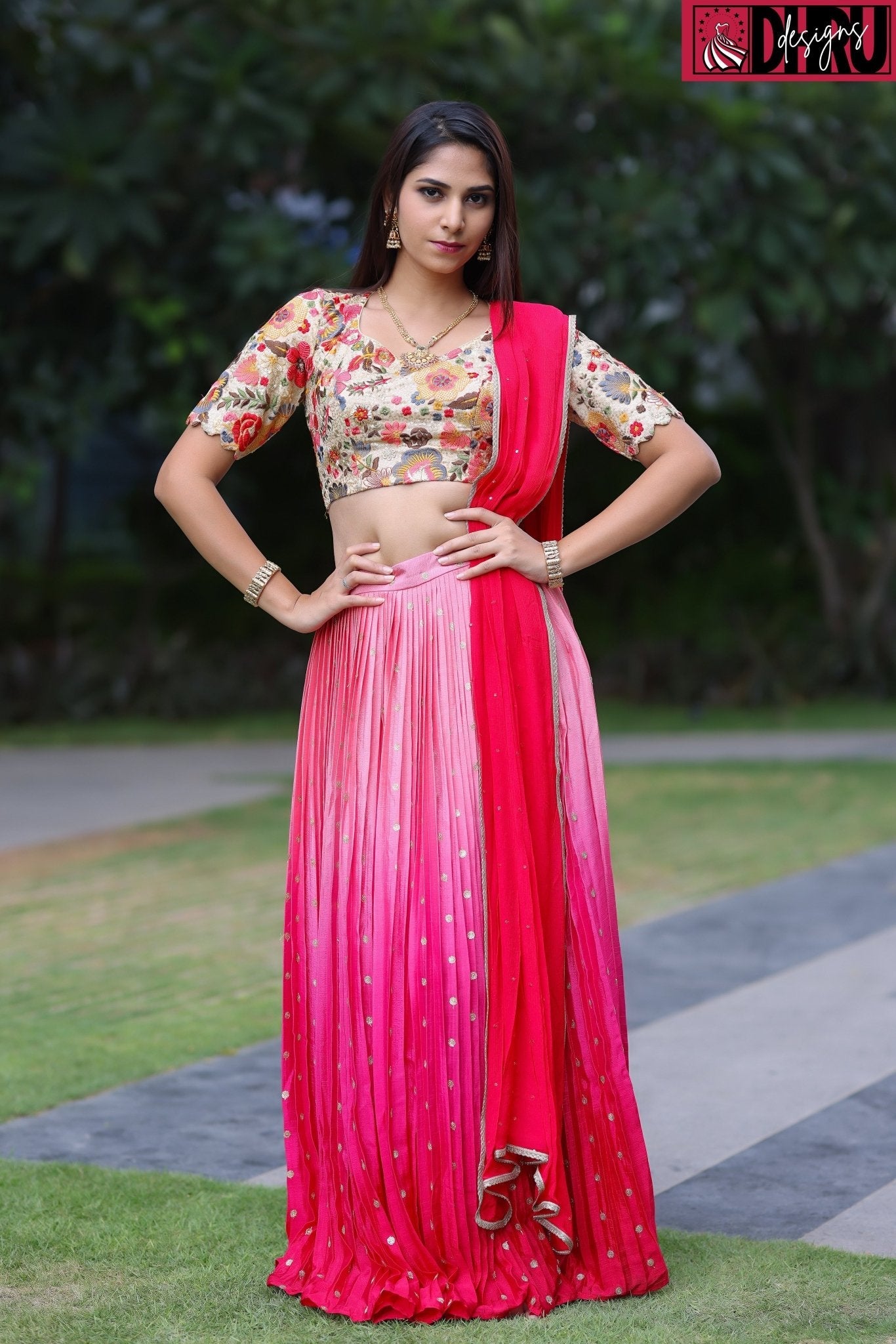 Sequence-embroidered blouse complementing an ombré pleated lehenga - Dhru Boutique and Fabrics