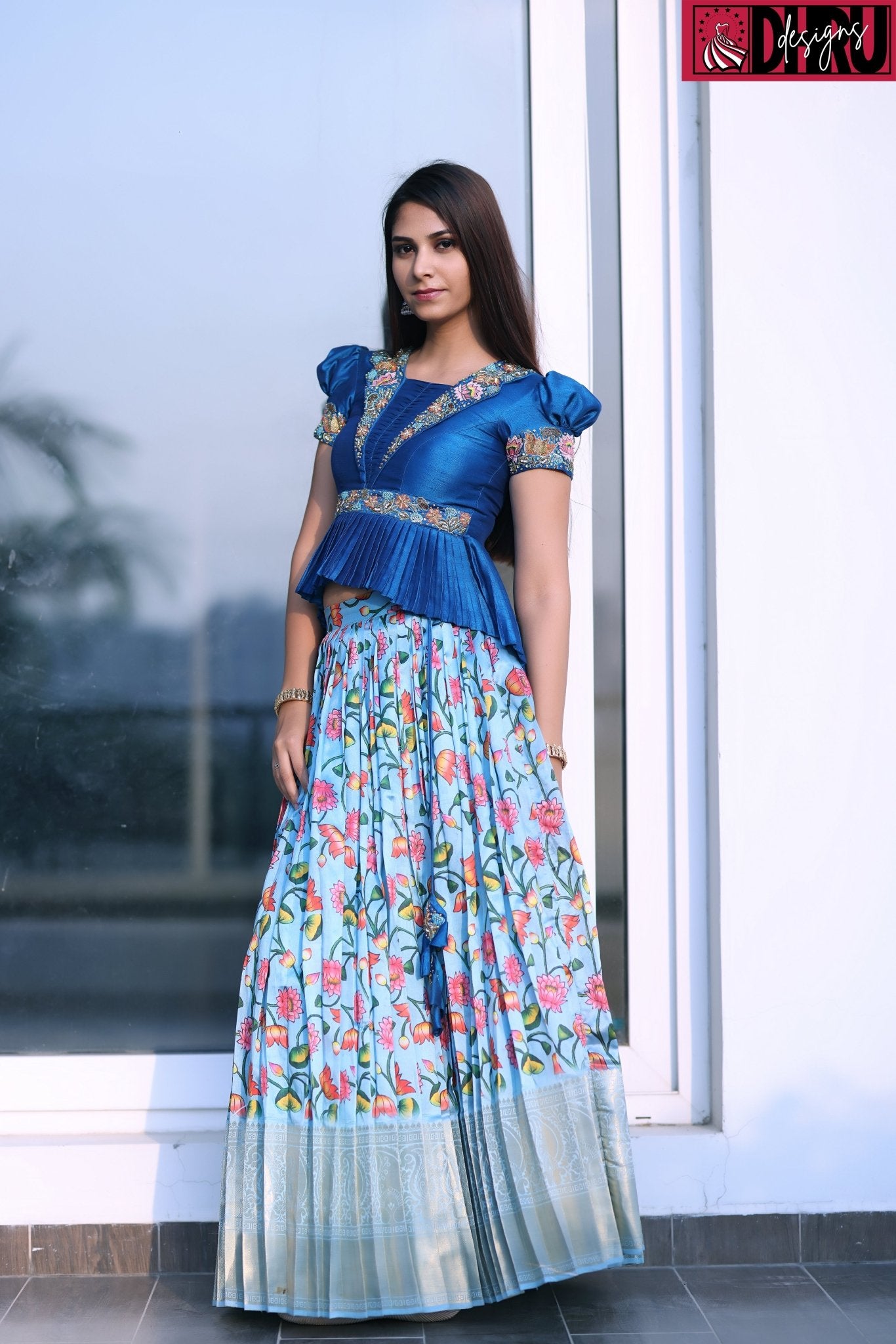 Silk kalamkari print lehenga with maggam work asymmetrical peplum blouse - Dhru Boutique and Fabrics