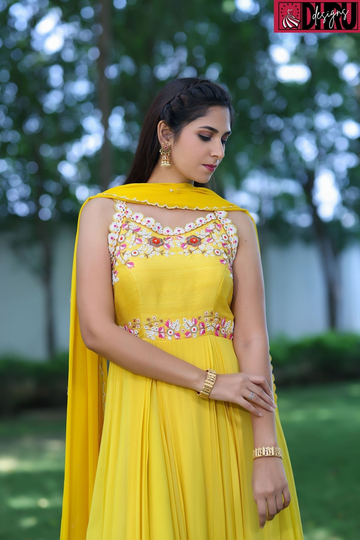 Stylish yellow long dress - Dhru Boutique and Fabrics